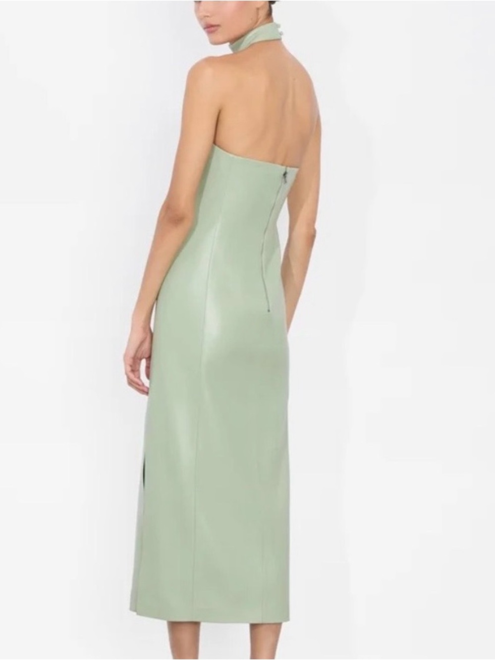 Alice + Olivia Vegan Leather Sage Green Strapless Midi Dress with Choker - Picture 3 of 12